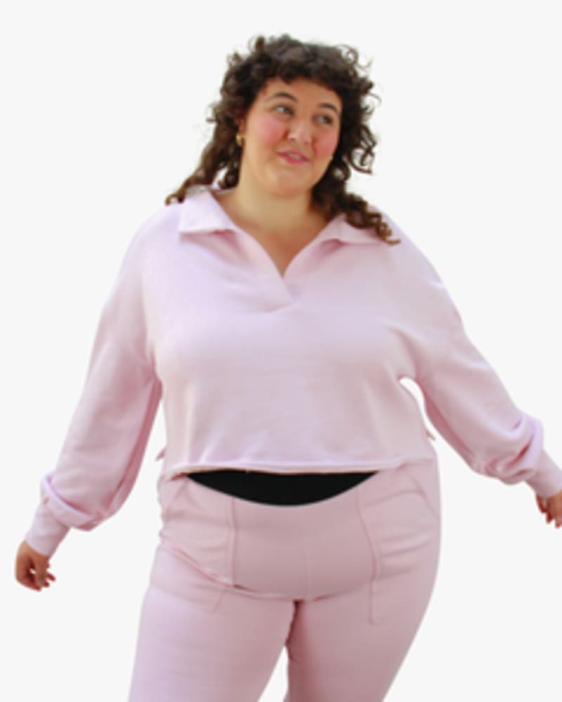 Front of a model wearing a size L Polo Sweatshirt in Ballet by Lovefool. | dia_product_style_image_id:249556